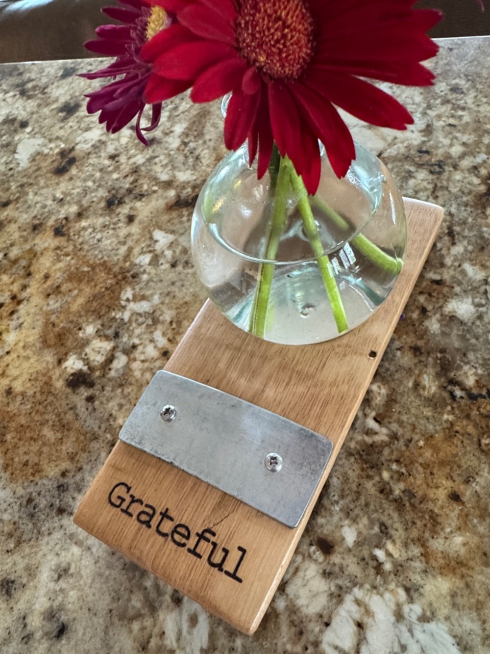 Grateful Wooden Bud Vase Holder with Metal Accent
